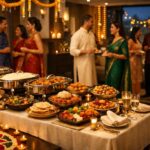 Elegant Deepavali celebration with premium festive catering in Malaysia featuring traditional lamps, rangoli décor, and Malaysian Indian festive cuisine.