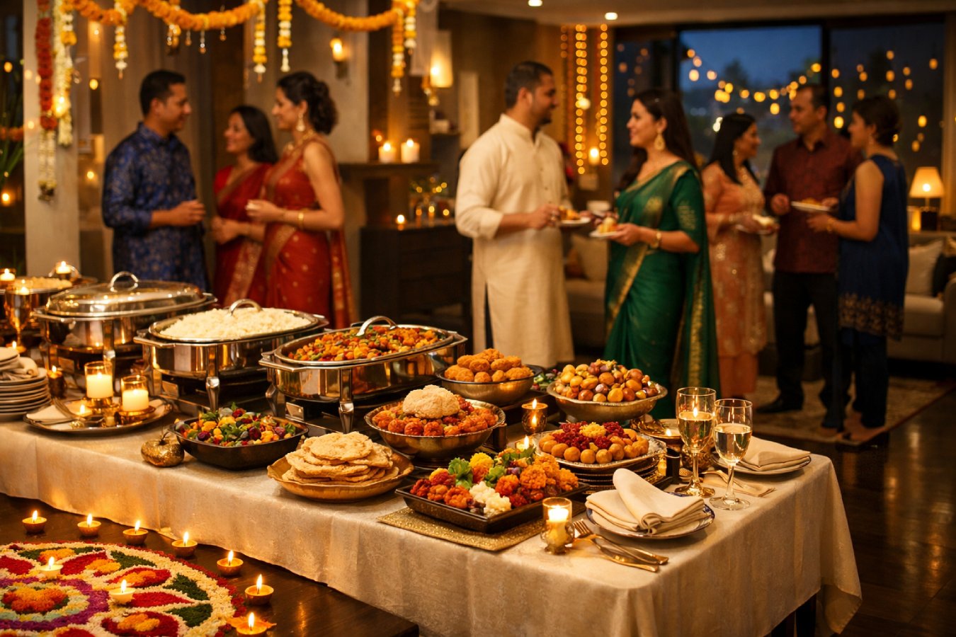 Elegant Deepavali celebration with premium festive catering in Malaysia featuring traditional lamps, rangoli décor, and Malaysian Indian festive cuisine.